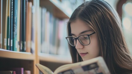 Teenage girl wearing glasses concentrated reading book in library with bookshelves background, education concept featuring natural lighting and quiet study atmosphere, shallow depth of field
