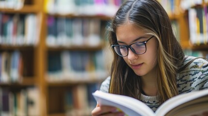 Teenage girl wearing glasses concentrated reading book in library with bookshelves background, education concept featuring natural lighting and quiet study atmosphere, shallow depth of field