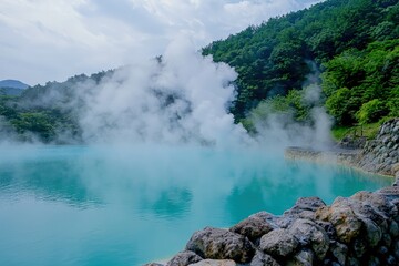 Blue hot spring with stone embankment and dense rising steam surrounded by forested hills, great for spa ads, travel features, and eco-therapy content