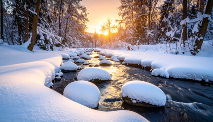 Snowy stones in winter stream reflect warm sunset light, surrounded by snow covered trees and peaceful forest landscape with clean space on left side