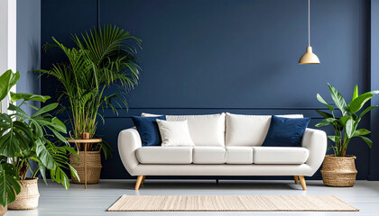White sofa with blue and white cushions in modern living room with tropical plants, dark blue wall, wooden legs, beige rug, and hanging lamp creating clean and relaxing atmosphere