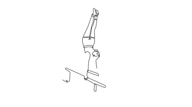 Animated self drawing of continuous line draw fit woman athlete doing handstand on parallel bars in professional gym. Beauty sportswoman perform stunt in sports clothes. Full length one line animation