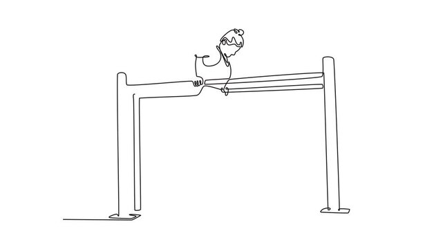 Animated self drawing of continuous line draw fit flexible female gymnast exercise parallel bars in championship gymnastics. Movement, action, motion, healthy lifestyle. Full length one line animation