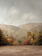 Painted hills and foliage in neutral earth palette, classic background with layered depth perfect for fashion, portrait or timeless setups, painterly background                              