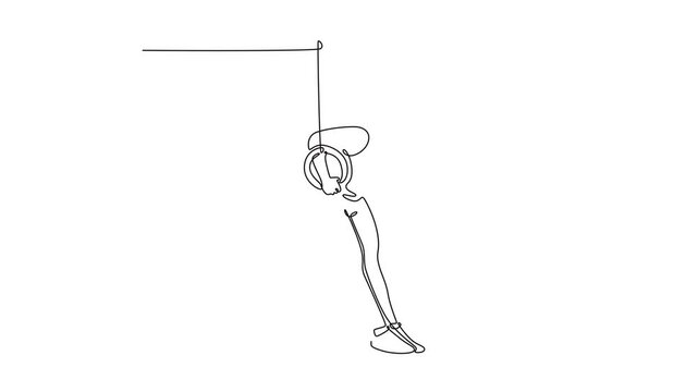 Self drawing animation single line draw beauty female athlete doing complicated exciting trick on gymnastics rings in professional gym. Movement, action, motion. Continuous line. Full length animated