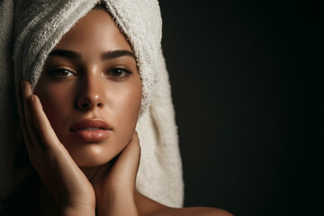 Obraz premium Serene beauty portrait: Woman with towel-wrapped hair, radiant skin, and a gentle hand on her neck.