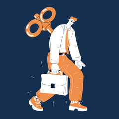 Cartoon vector illustration of a tired man crawling away from work, symbolizing burnout, exhaustion, and overwork against dark background