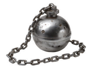 Metallic wrecking ball hanging from a chain, ideal for showcasing industrial tools or demolition equipment