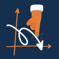 Cartoon vector illustration of hand pointing at falling arrow graph against dark background