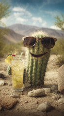 Cool cactus wearing sunglasses drinking lemonade in hot desert under bright sun with dry sandy ground