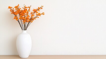 Orange flowers in a white vase against a white wall on a light wood surface