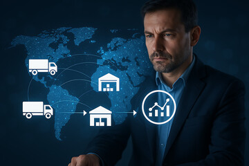 A man in a suit looks at a digital display of global logistics and supply chain management data flow