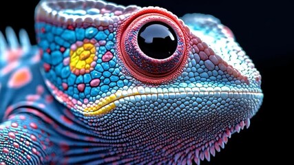 A close up of a vibrant chameleon clinging to a branch  long title A close up of a textured multicolored chameleon s skin as it clings to a