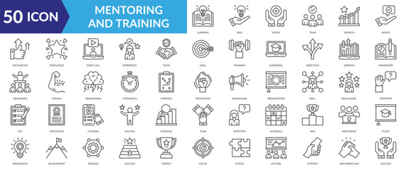 Mentoring and Training icon collection set. Containing Learning, Idea, Focus, Team, Growth , Advice, Motivation, Excellence, Video Call,Experience icon