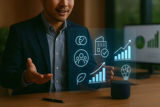 Man in suit presenting digital business icons with speaker and monitor in the background on a desk
