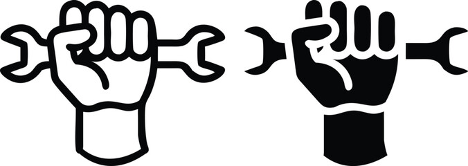 Solid Black Fist Holding Wrench Icon – Powerful Repair Symbol in Flat Minimal Vector Style