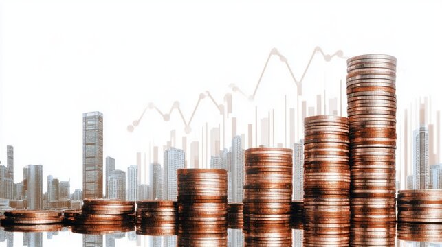 Financial growth coin stacks city background