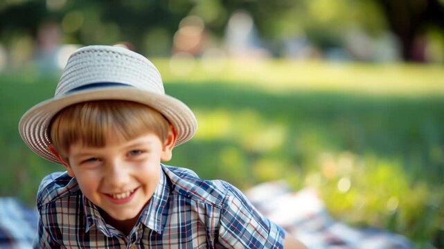 Smiling boy in a plaid shirt and straw hat holding an American flag during a picnic in the park, celebrating a patriotic holiday with blurred background and bright natural light - Powered by Adobe