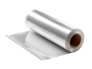 Roll of transparent plastic wrap with a portion unrolled, perfect for kitchen and food storage use