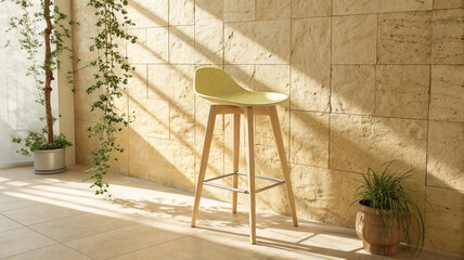 Modern light green stool with wooden legs stands near a stone wall with dramatic sunlight and...