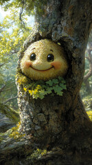 Whimsical and magical illustration of forest creature emerging from tree trunk in lush woodland environment. creature has a soft, furry appearance with a joyful expression.