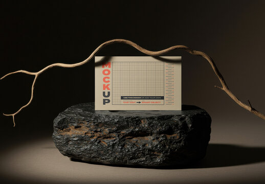 Horizontal Card on Rock with Branch Mockup