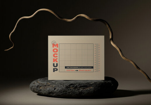 Horizontal Page on Stone with Branch Mockup