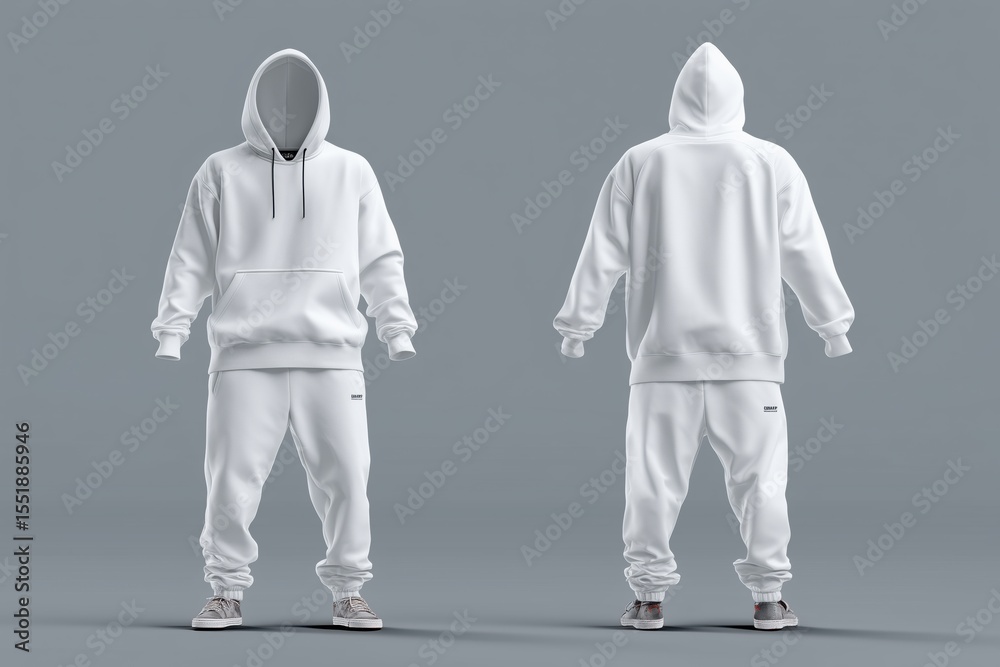 Fototapete a 3d rendering of a white hoodie and sweatpants set sports suit mockup from multiple angles. the out