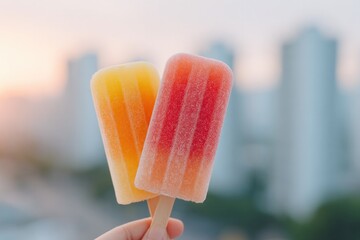 close-up of hands holding frozen fruit pops over city skyline background