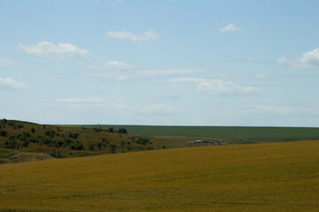 A large field with a house in the distance