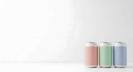 Beer Day: Three blank soda cans with pastel labels in pink, green, and blue stand in a row on a white surface against a clean white background.