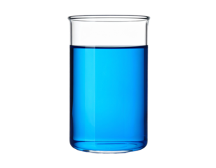 Laboratory beaker with blue liquid isolated on white, used for science experiments.