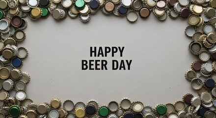 Beer Day celebration with a textured frame made of colorful beer bottle caps surrounding the text "HAPPY BEER DAY".