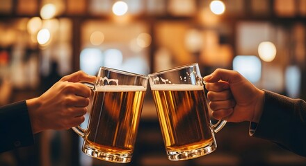 Beer Day cheers: Two hands clinking beer mugs filled with golden beer and foam in a cozy pub setting with bokeh lights.
