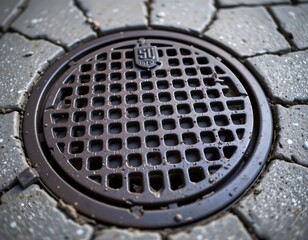 the image is a close up shot, focusing on a circular, grated metal cover set into pavement, the cover has a grid pattern of square openings