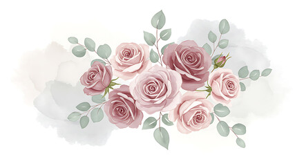 Dusty Rose Watercolor Bouquet with Eucalyptus Leaves vintage watercolor bouquet of roses leaves