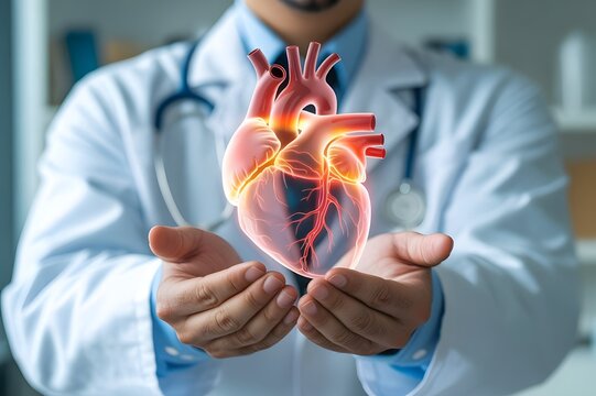 A holographic model of a heart in a doctor's hand.Care, treatment and healthy life