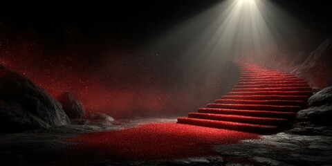 Stairway illuminated by a beam of light in a dark, misty environment with red particles swirling around