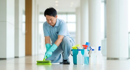 Male janitor in uniform scrubbing floor with cleaning supplies. Concept of hard work, cleanliness, hygiene and janitorial service.