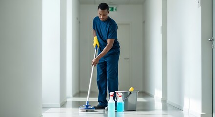 Professional janitor cleaning office hallway with mop and gloves. Concept of hygiene, maintenance and cleanliness in workplace.