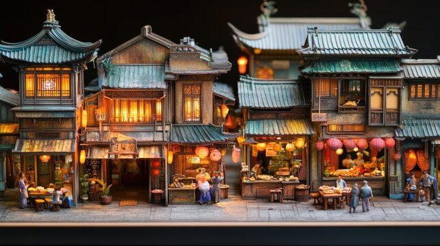 Hyper realistic 3d render Intricate Asian Street Scene: Night Market Diorama, Architectural Model, Miniature Buildings, Eastern Culture, Detailed Craftsmanship AI Generative