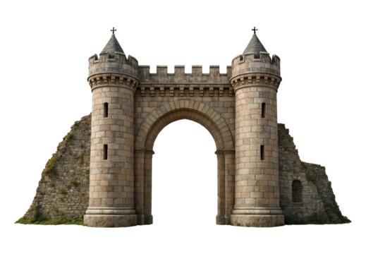 Majestic Stone Gateway with Towering Turrets and Decorative Battlements, Symbolizing Medieval Architecture and History, Isolated on Transparent and White Background