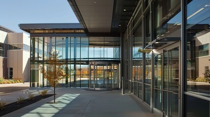 Modern Glass School Entrance with Transparent Facade and Reflective Surfaces, Sleek Educational Architecture Featuring Minimalist Design and Natural Lighting, Empty Space for Text