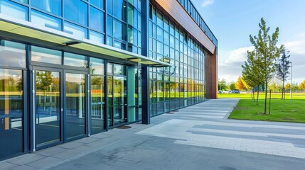 Modern Glass School Entrance with Transparent Facade and Reflective Surfaces, Sleek Educational Architecture Featuring Minimalist Design and Natural Lighting, Empty Space for Text