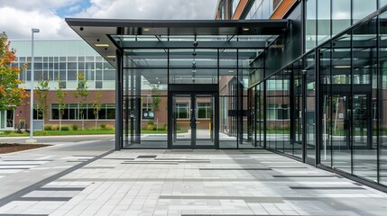 Modern Glass School Entrance with Transparent Facade and Reflective Surfaces, Sleek Educational Architecture Featuring Minimalist Design and Natural Lighting, Empty Space for Text