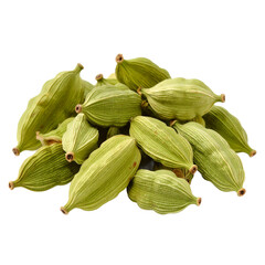 Pile of flavorful green cardamom pods aromatic culinary ingredient on transparent background