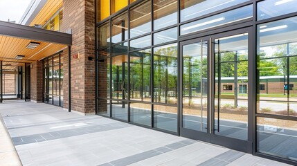 Modern Glass School Entrance with Transparent Facade and Reflective Surfaces, Sleek Educational Architecture Featuring Minimalist Design and Natural Lighting, Empty Space for Text