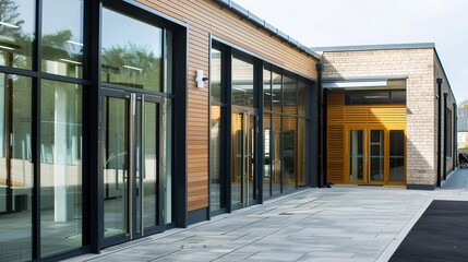 Modern Glass School Entrance with Transparent Facade and Reflective Surfaces, Sleek Educational Architecture Featuring Minimalist Design and Natural Lighting, Empty Space for Text