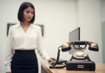 Vintage Communication Device. Elegant antique rotary telephone on a wooden surface, foreground. A professional woman attends to modern devices in the soft background. Symbolizes enduring.