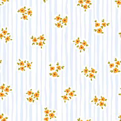 Preppy bouquet on wavy vertical lines stripes background. Coquette flowers trellis seamless pattern